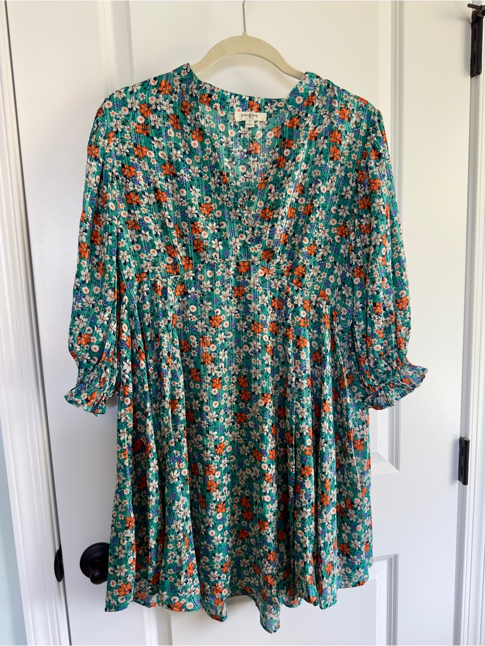 Umgee Teal Floral Mini Dress with Orange & White Accents